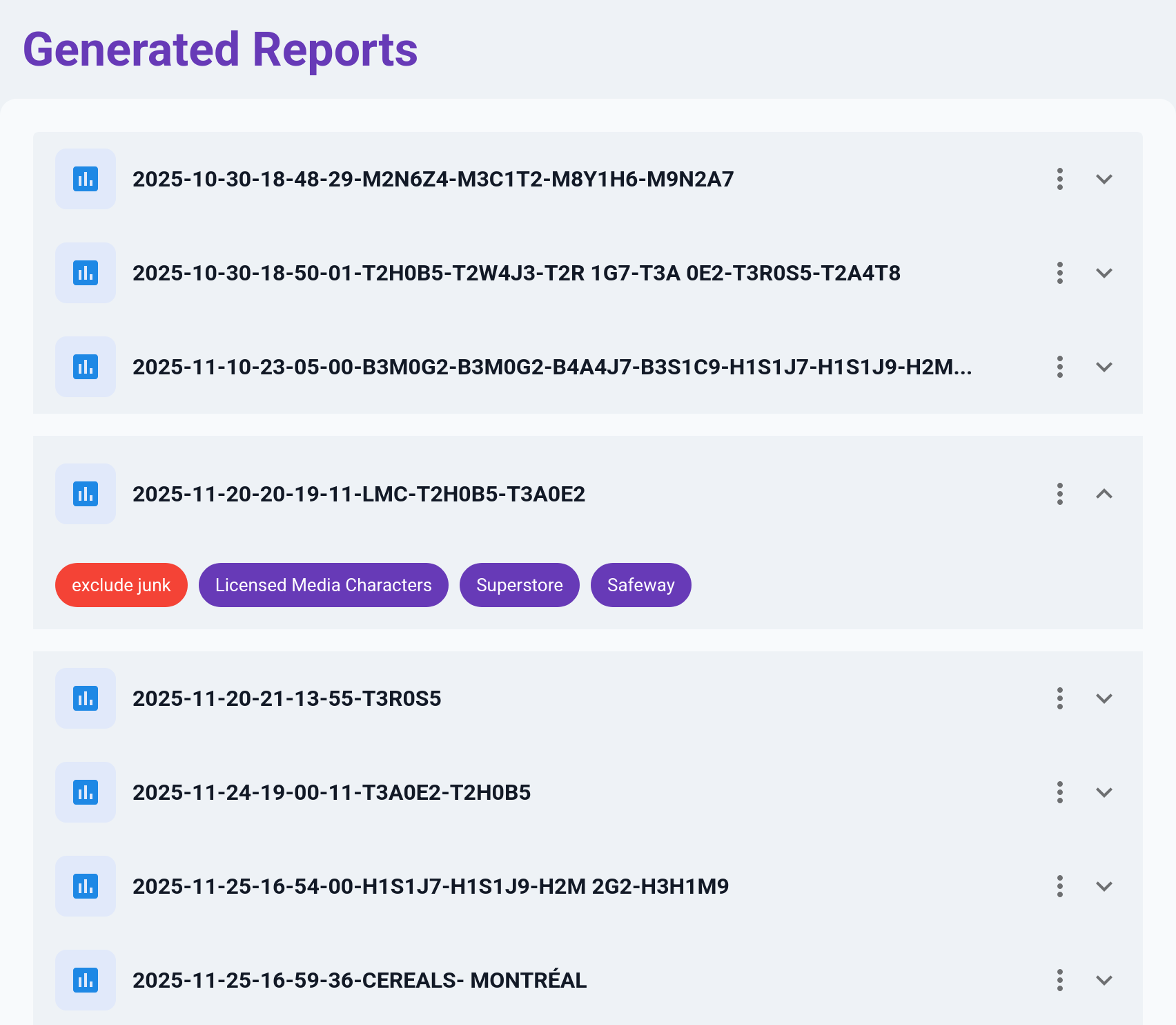 Reports list with expanded row showing filter tags.